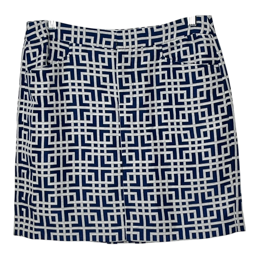 Ann Taylor Loft Navy White Geo Greek Key Jacquard Mini Skirt Pockets Size 4